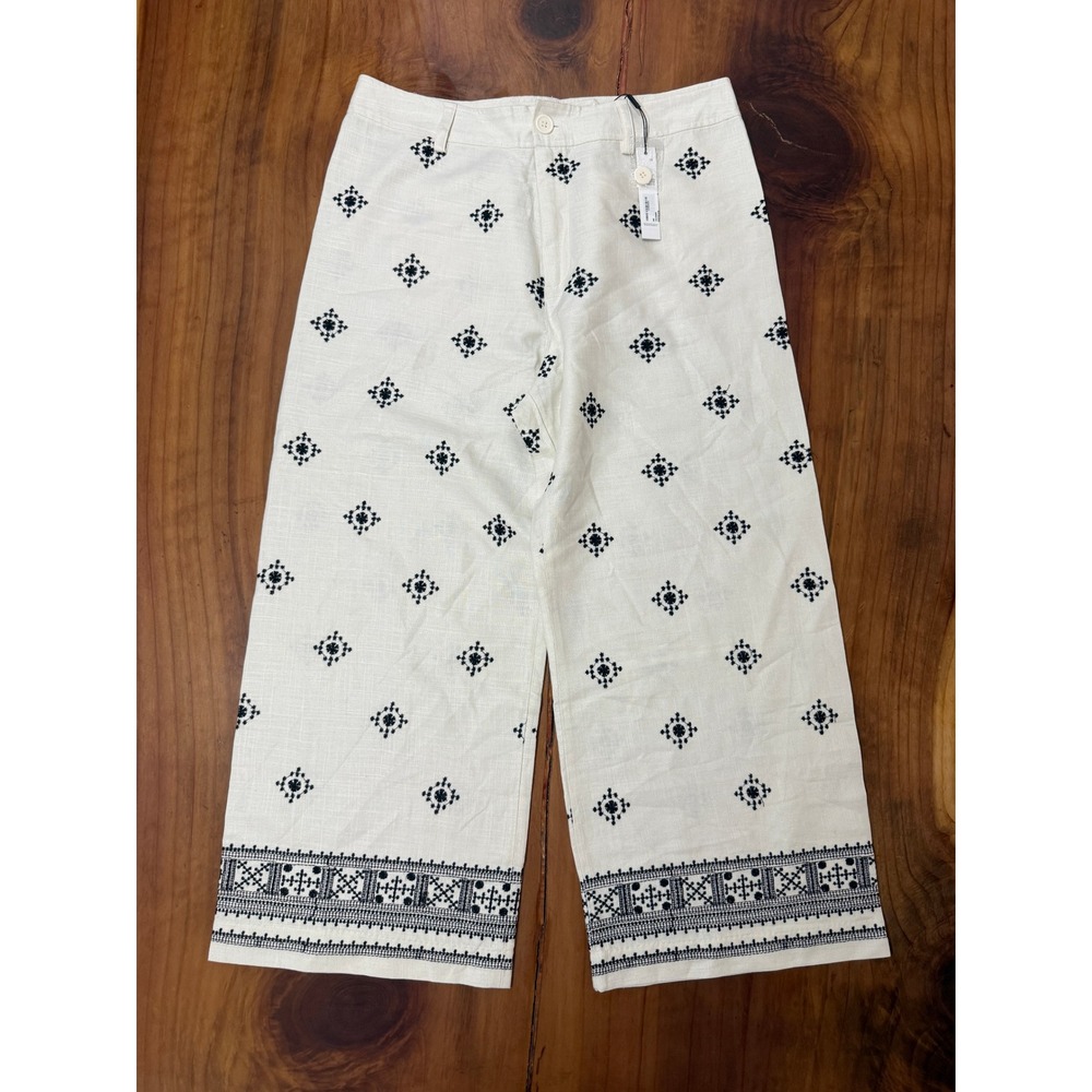 NEW T Tahari Women's Pants 14 Embroidered Linen Beach Casual Wide leg Ivory A3-6